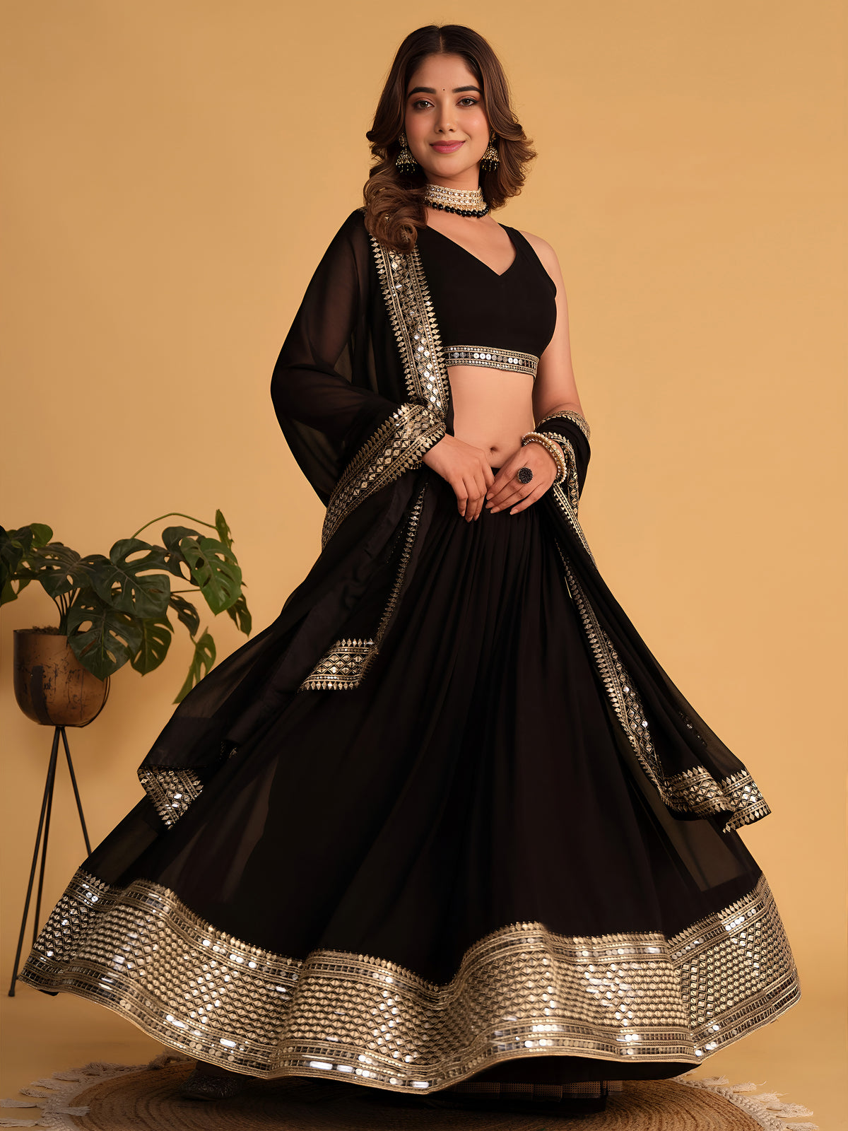 Black Designer Lehenga Choli with Silver Embroidered Border and Dupatta