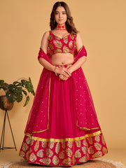 Rani Pink Lehenga Choli with Golden Leaf Embroidery and Designer Dupatta