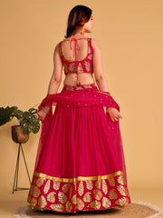 Rani Pink Lehenga Choli with Golden Leaf Embroidery and Designer Dupatta