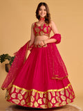 Rani Pink Lehenga Choli with Golden Leaf Embroidery and Designer Dupatta
