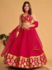 Rani Pink Lehenga Choli with Golden Leaf Embroidery and Designer Dupatta