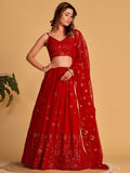 Red Embroidered Lehenga Choli with Sequin Work and Designer Dupatta