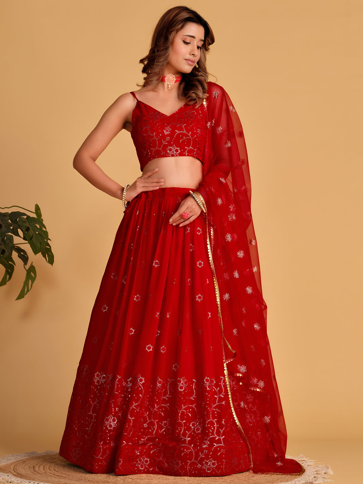 Red Embroidered Lehenga Choli with Sequin Work and Designer Dupatta