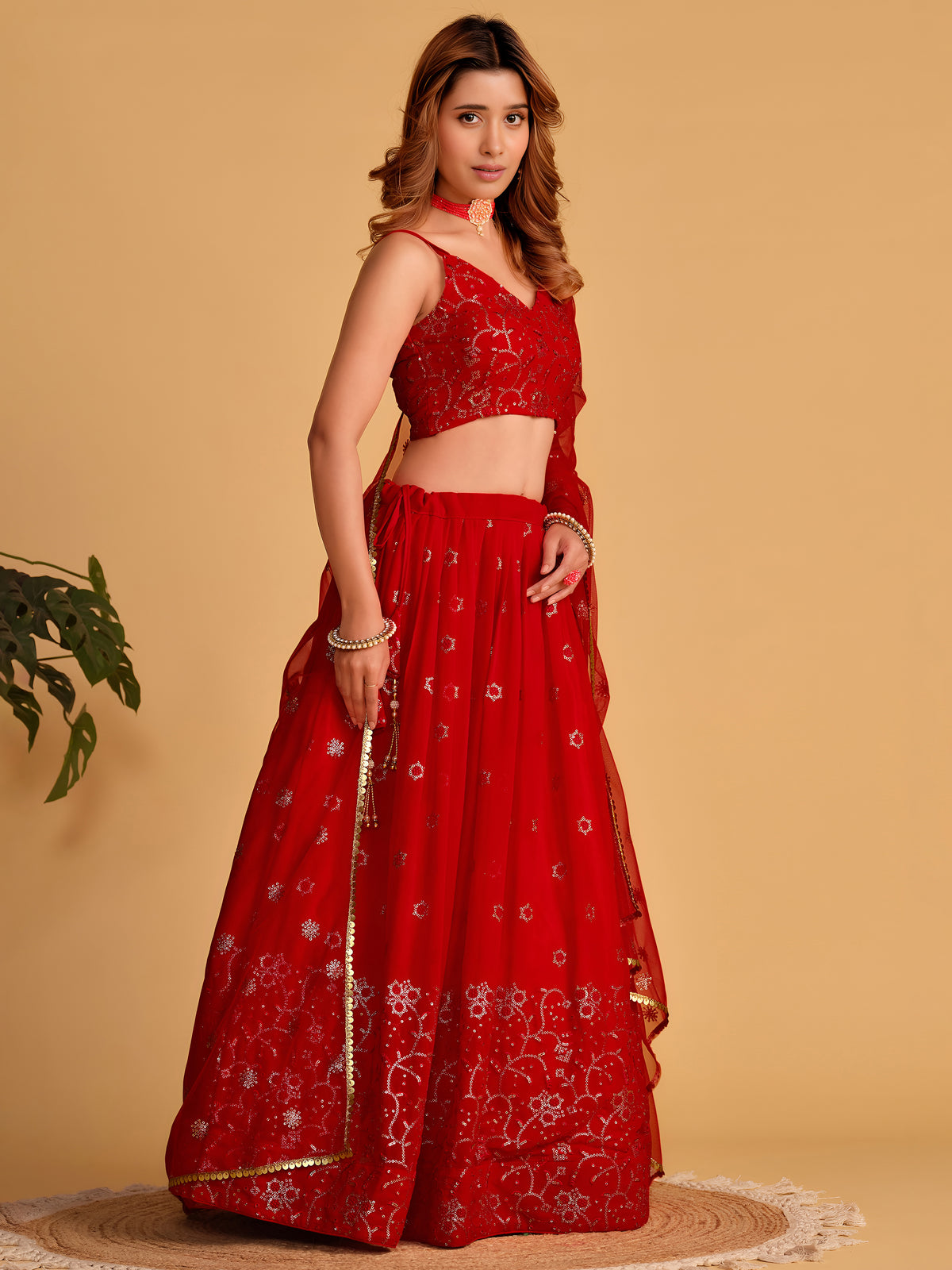 Red Embroidered Lehenga Choli with Sequin Work and Designer Dupatta