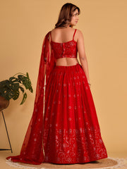 Red Embroidered Lehenga Choli with Sequin Work and Designer Dupatta