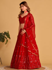 Red Embroidered Lehenga Choli with Sequin Work and Designer Dupatta