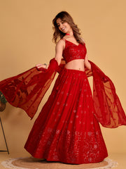 Red Embroidered Lehenga Choli with Sequin Work and Designer Dupatta