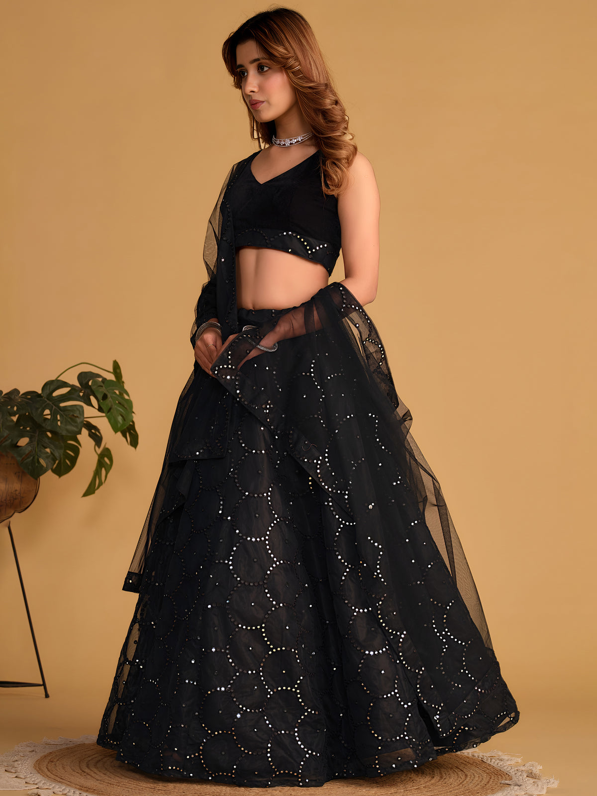 Black Designer Lehenga Choli with Silver Sequin Work and Sheer Dupatta