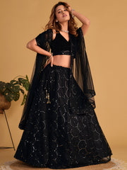 Black Designer Lehenga Choli with Silver Sequin Work and Sheer Dupatta
