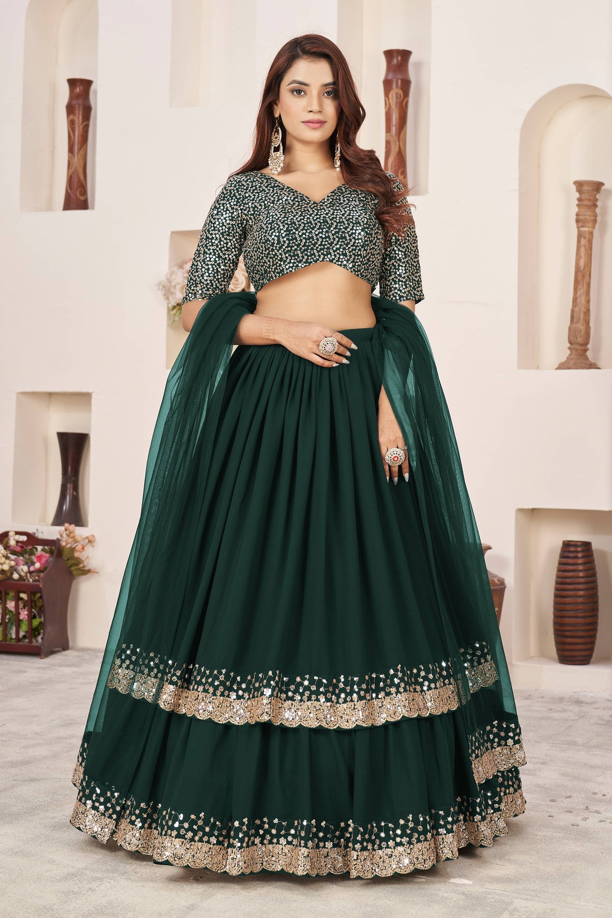 Dark Green Sequin Work Lehenga Choli with Dupatta