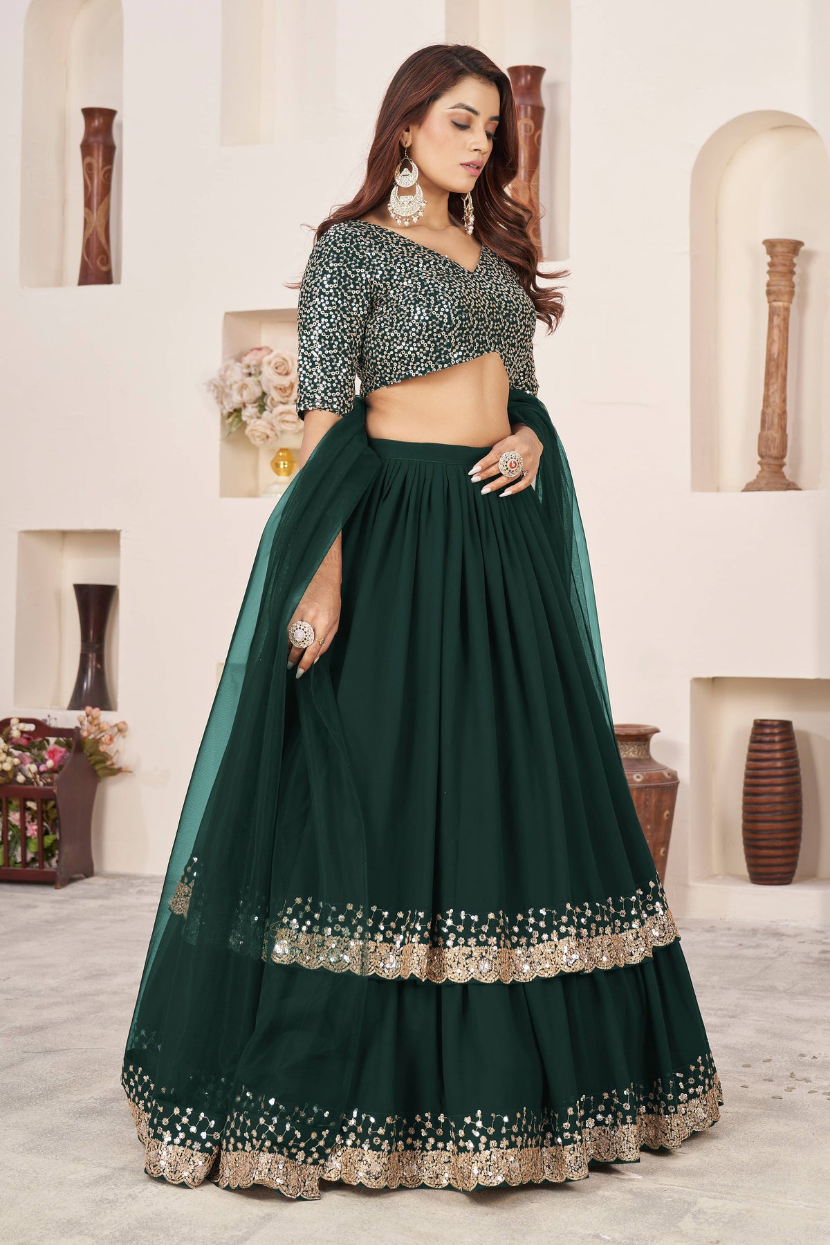 Dark Green Sequin Work Lehenga Choli with Dupatta