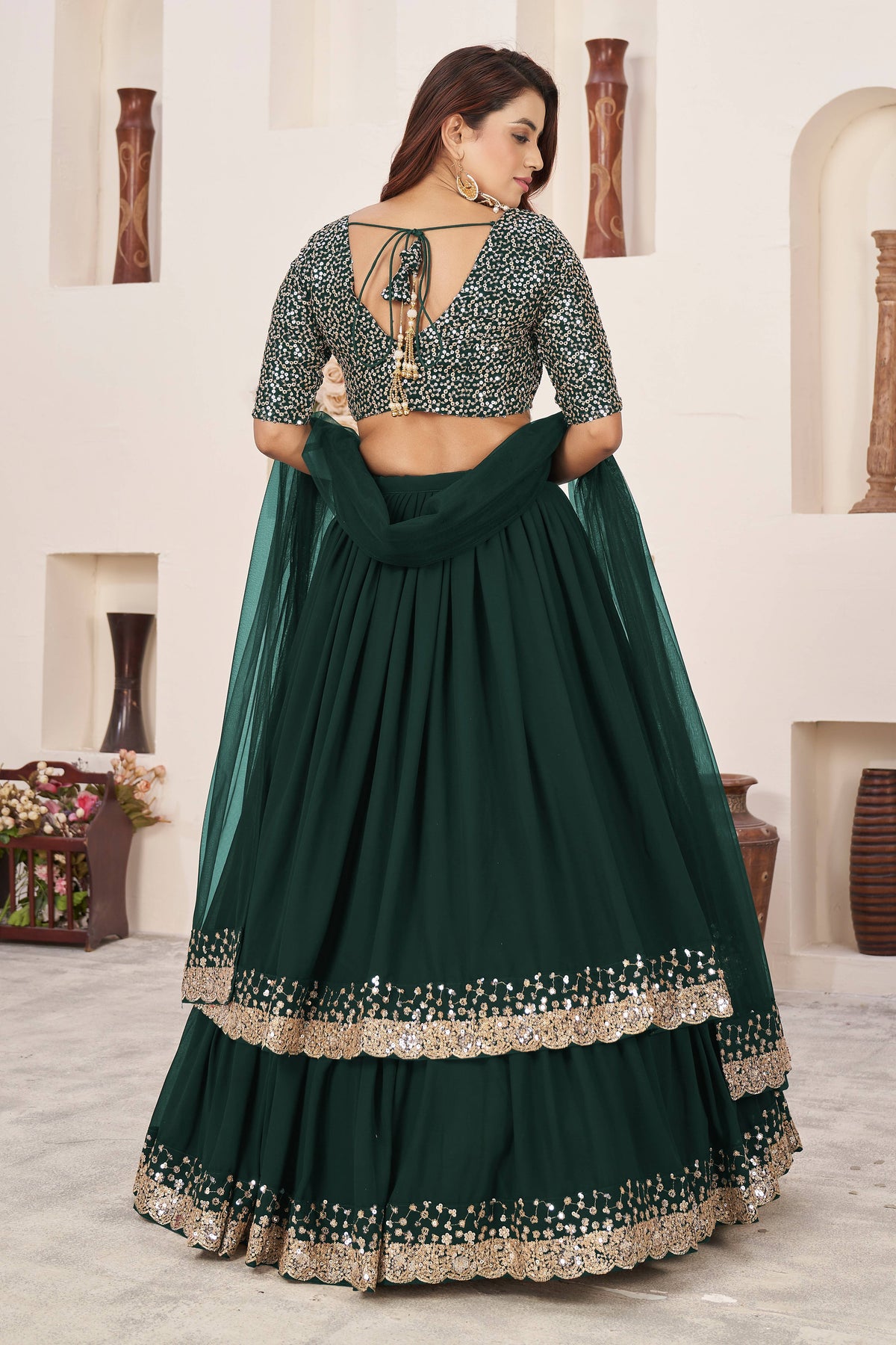 Dark Green Sequin Work Lehenga Choli with Dupatta