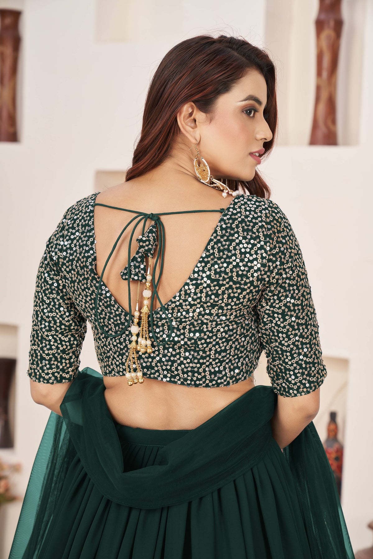 Dark Green Sequin Work Lehenga Choli with Dupatta