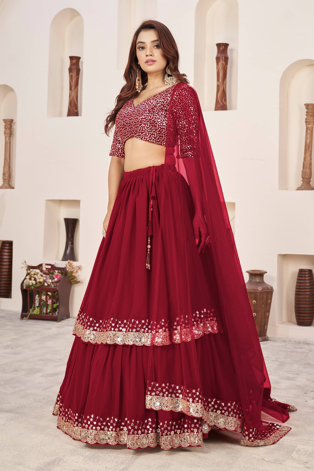 Wine Red Sequin Work Lehenga Choli with Dupatta