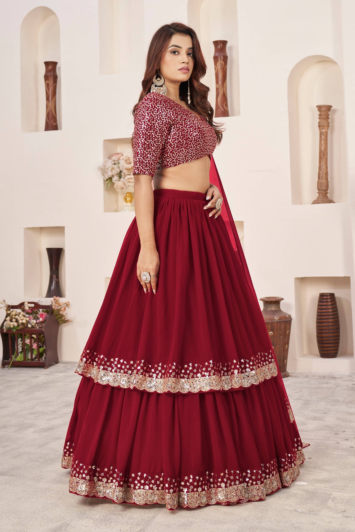 Wine Red Sequin Work Lehenga Choli with Dupatta
