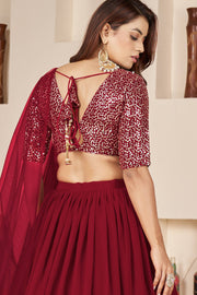 Wine Red Sequin Work Lehenga Choli with Dupatta