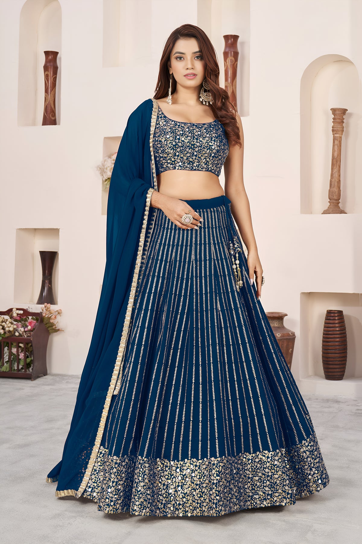 Royal Blue Lehenga Choli with Gold Sequin Embroidery and Designer Dupatta