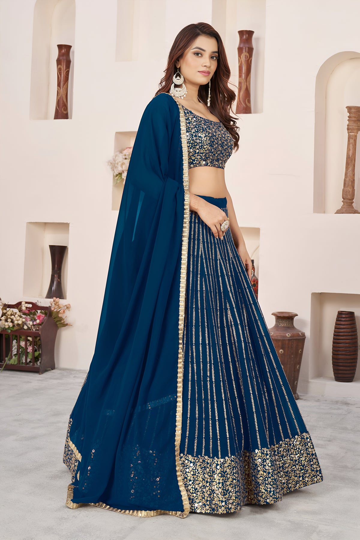 Royal Blue Lehenga Choli with Gold Sequin Embroidery and Designer Dupatta