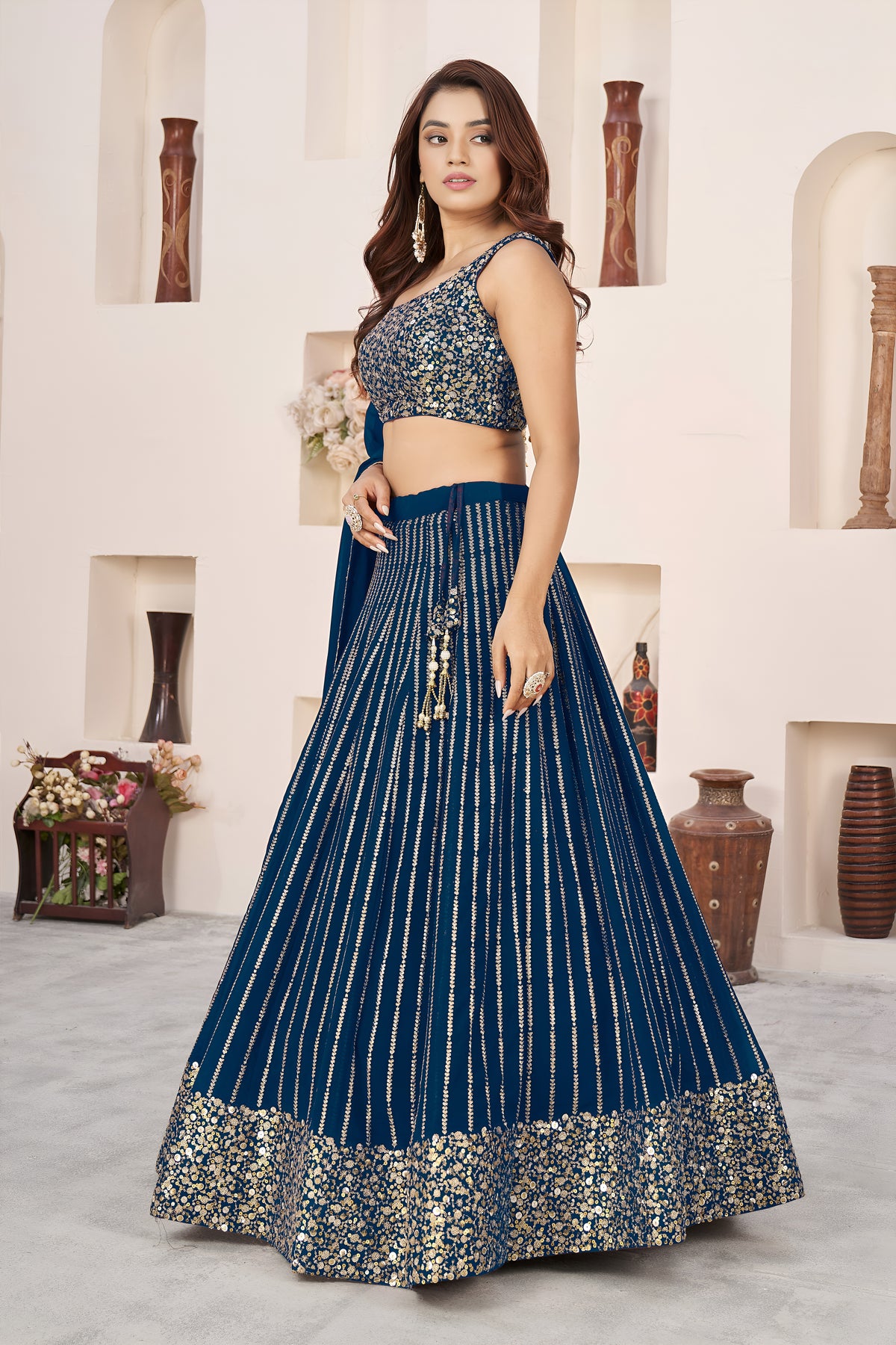 Royal Blue Lehenga Choli with Gold Sequin Embroidery and Designer Dupatta