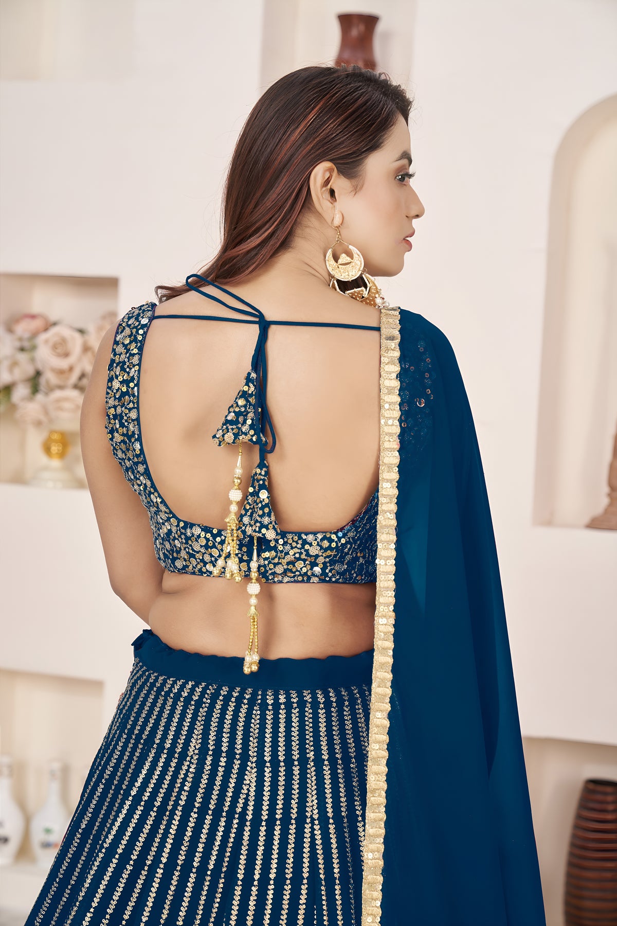 Royal Blue Lehenga Choli with Gold Sequin Embroidery and Designer Dupatta