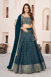 Dark Teal Green Lehenga Choli with Gold Sequin Work