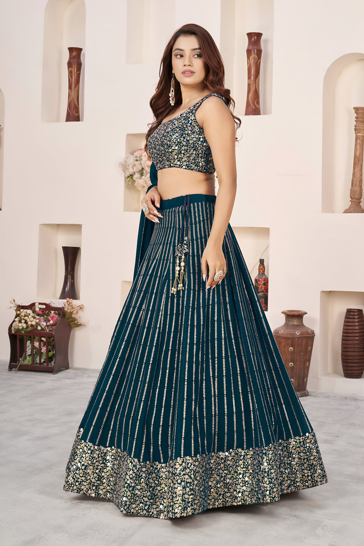 Dark Teal Green Lehenga Choli with Gold Sequin Work