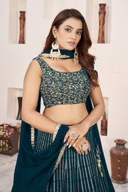Dark Teal Green Lehenga Choli with Gold Sequin Work
