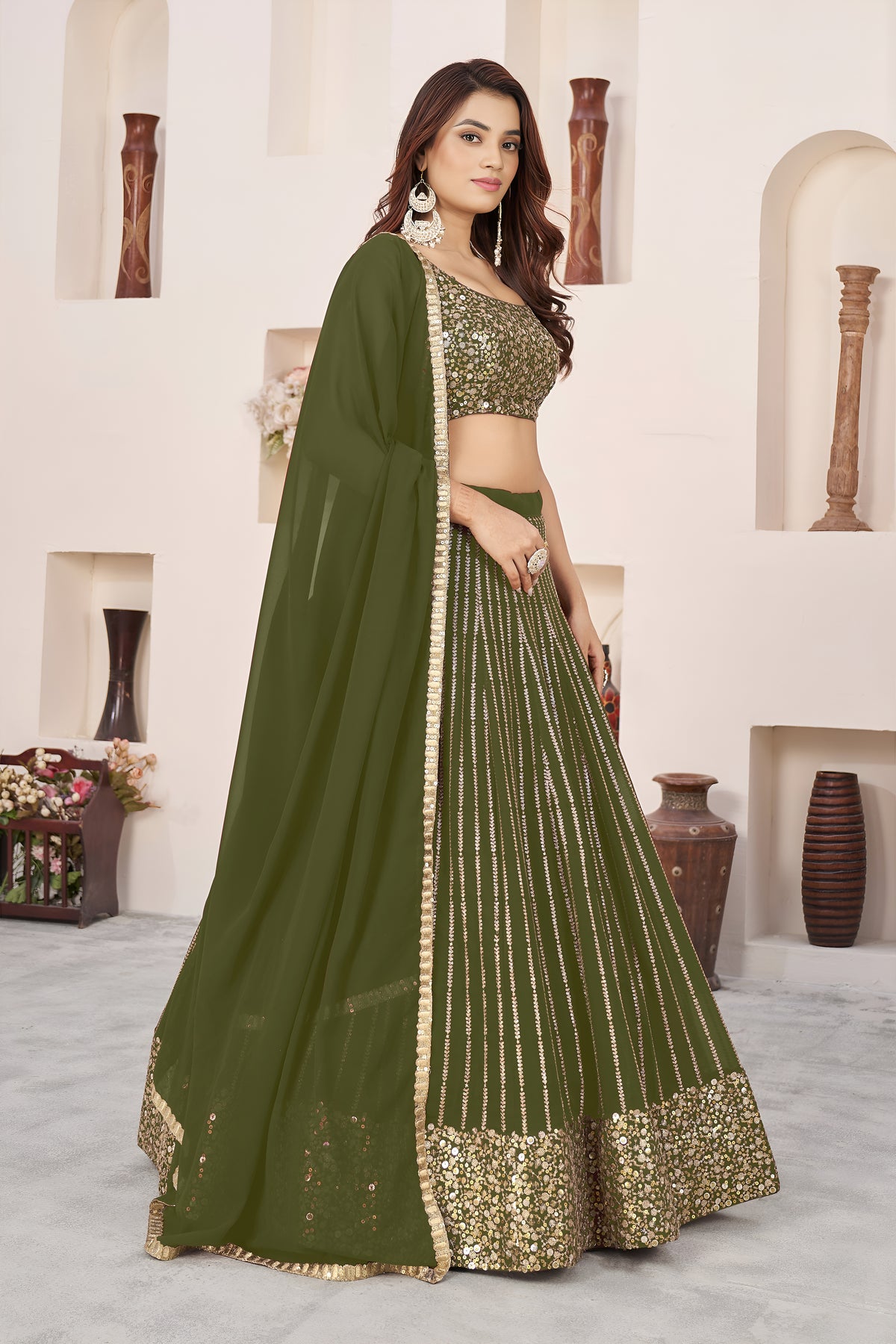 Olive Green Lehenga Choli with Gold Sequin Work