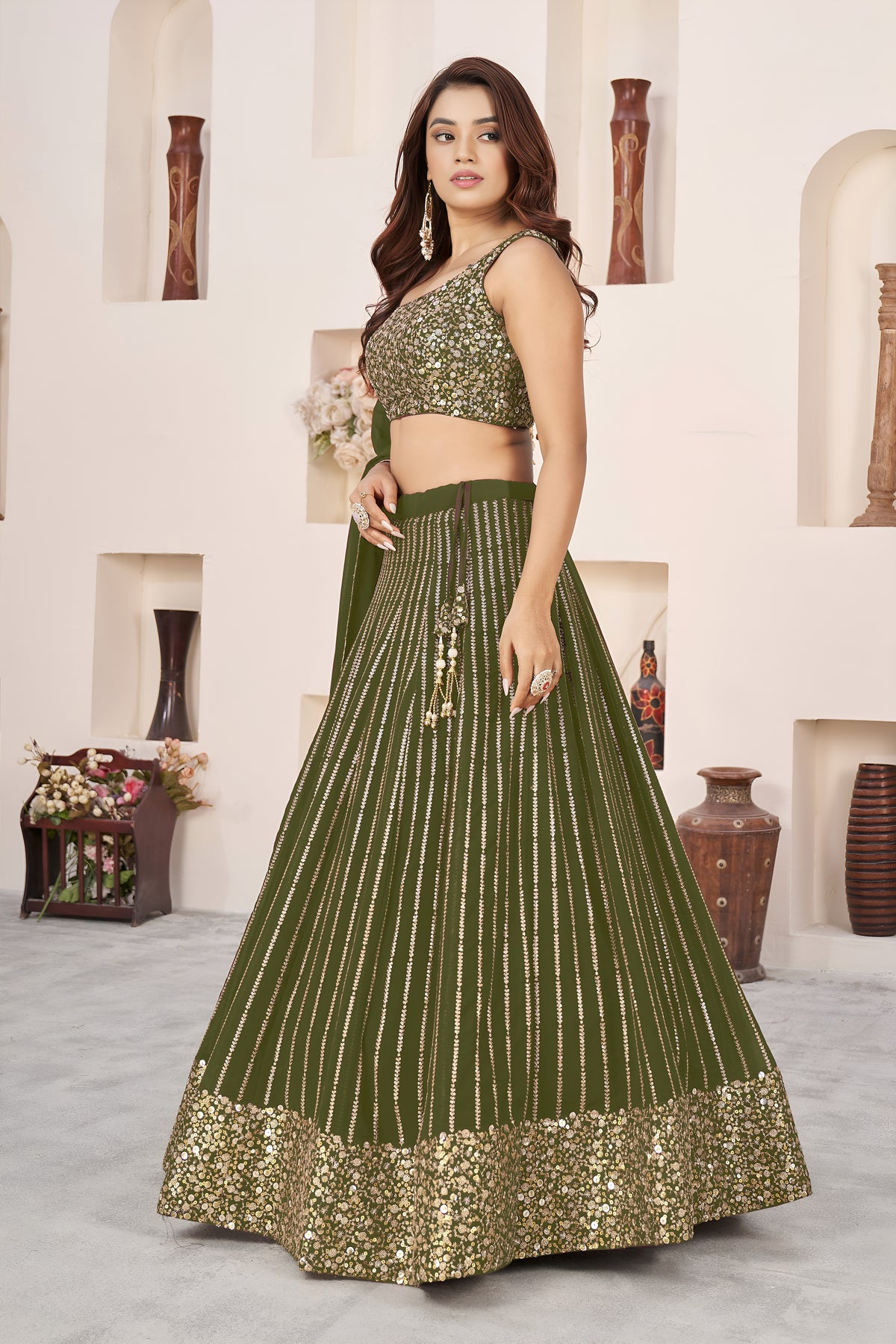 Olive Green Lehenga Choli with Gold Sequin Work
