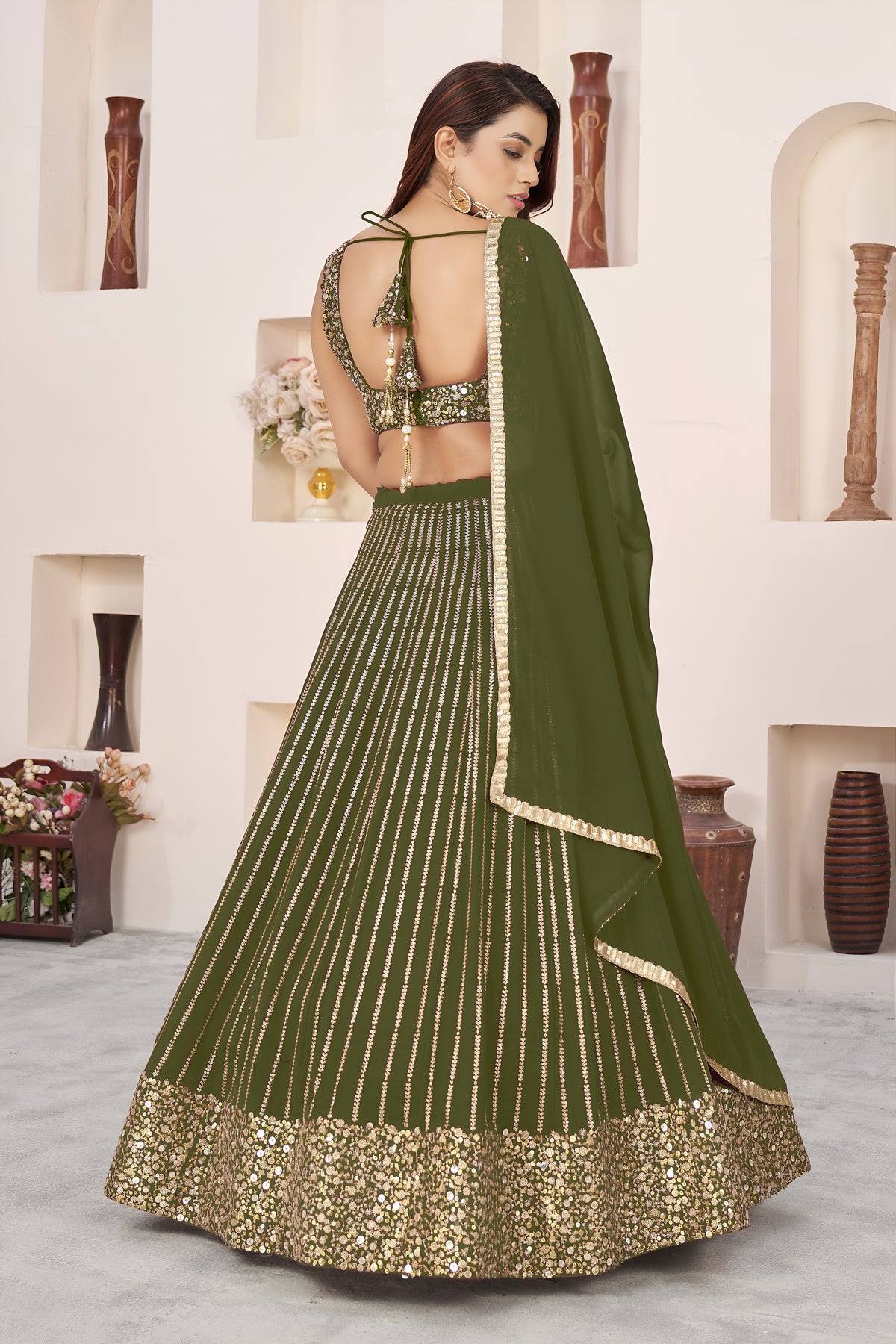 Olive Green Lehenga Choli with Gold Sequin Work