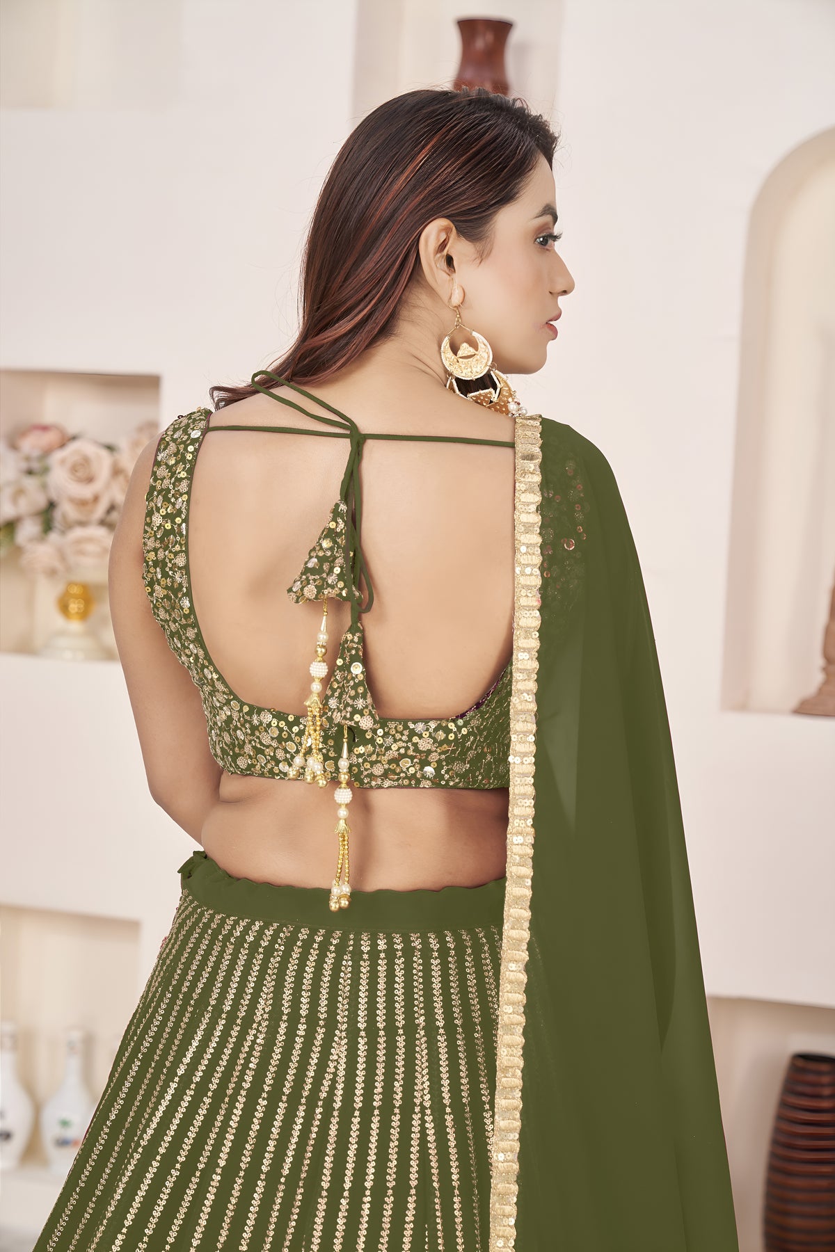 Olive Green Lehenga Choli with Gold Sequin Work