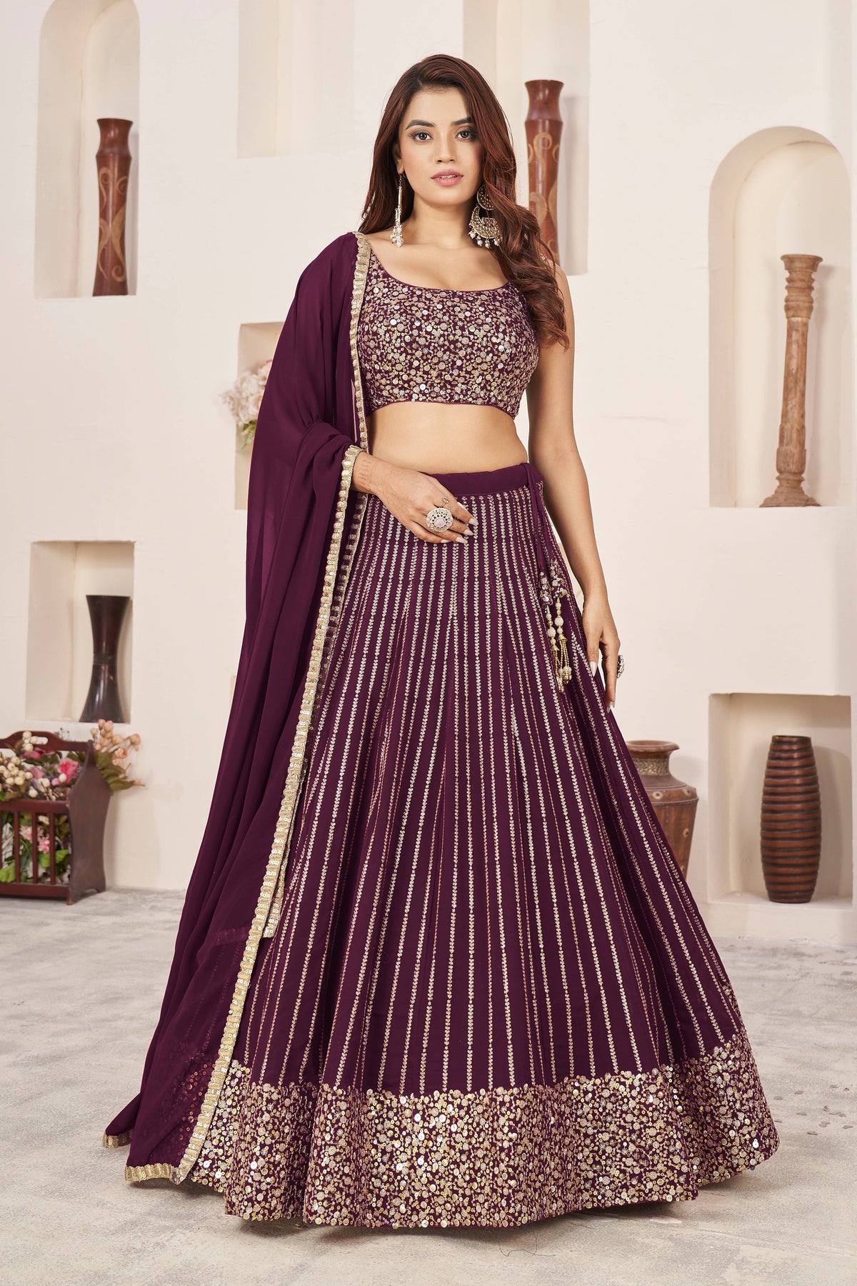 Wine Purple Gold Sequin Work Lehenga Choli with Dupatta