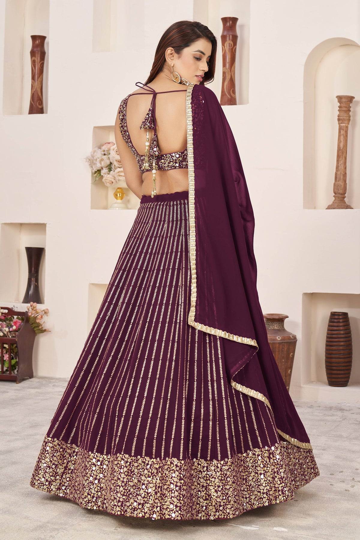 Wine Purple Gold Sequin Work Lehenga Choli with Dupatta