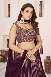 Wine Purple Gold Sequin Work Lehenga Choli with Dupatta