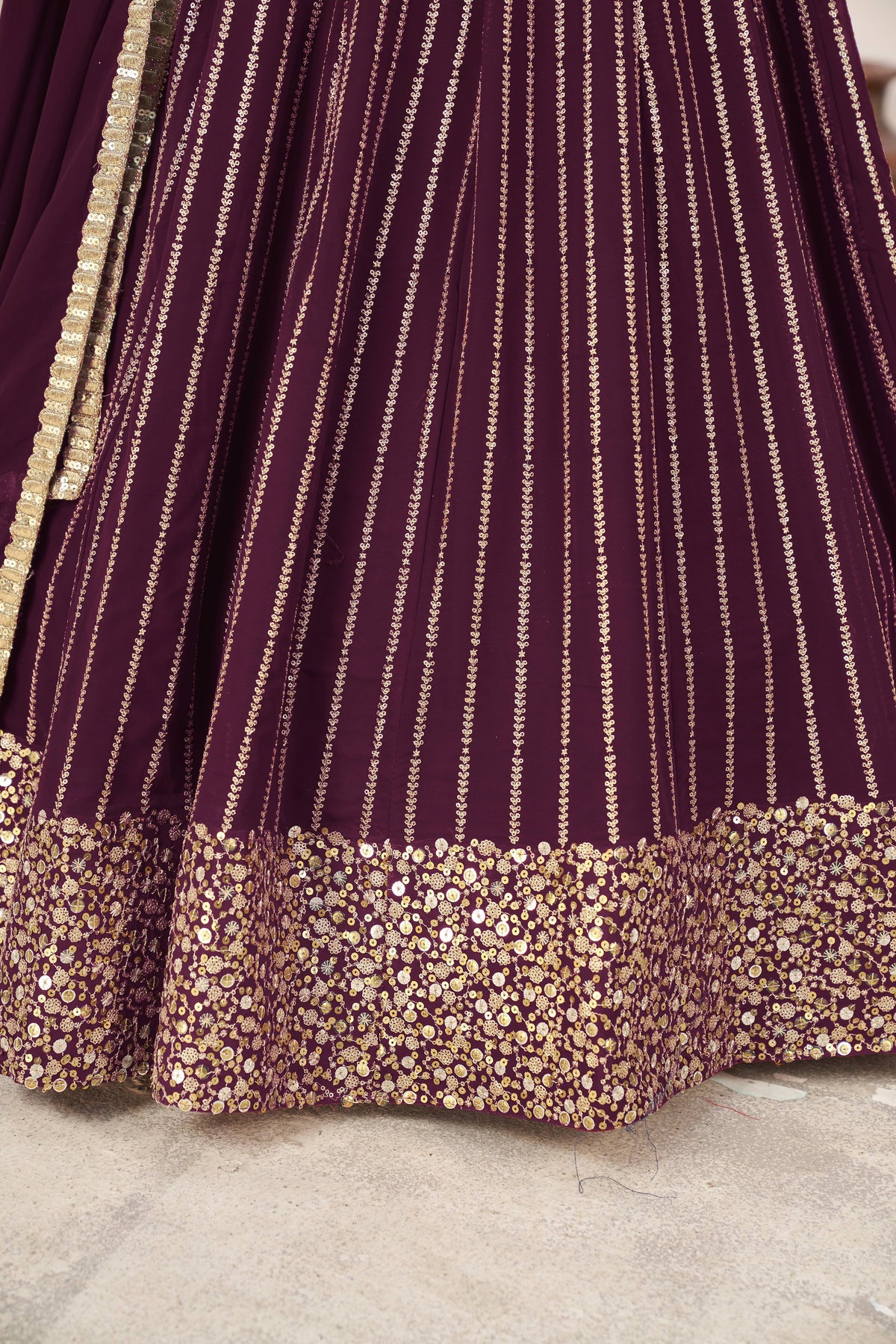 Wine Purple Gold Sequin Work Lehenga Choli with Dupatta