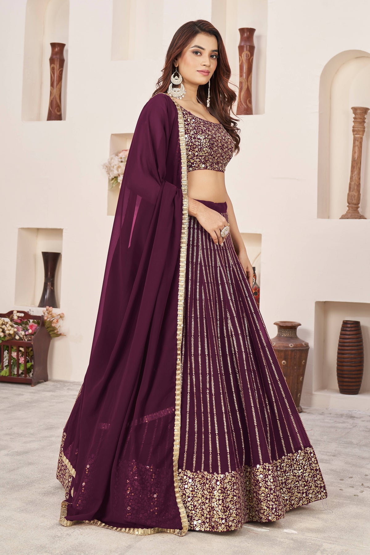 Wine Purple Gold Sequin Work Lehenga Choli with Dupatta