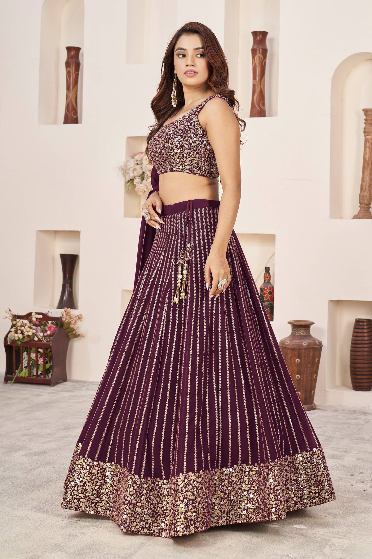 Wine Purple Gold Sequin Work Lehenga Choli with Dupatta