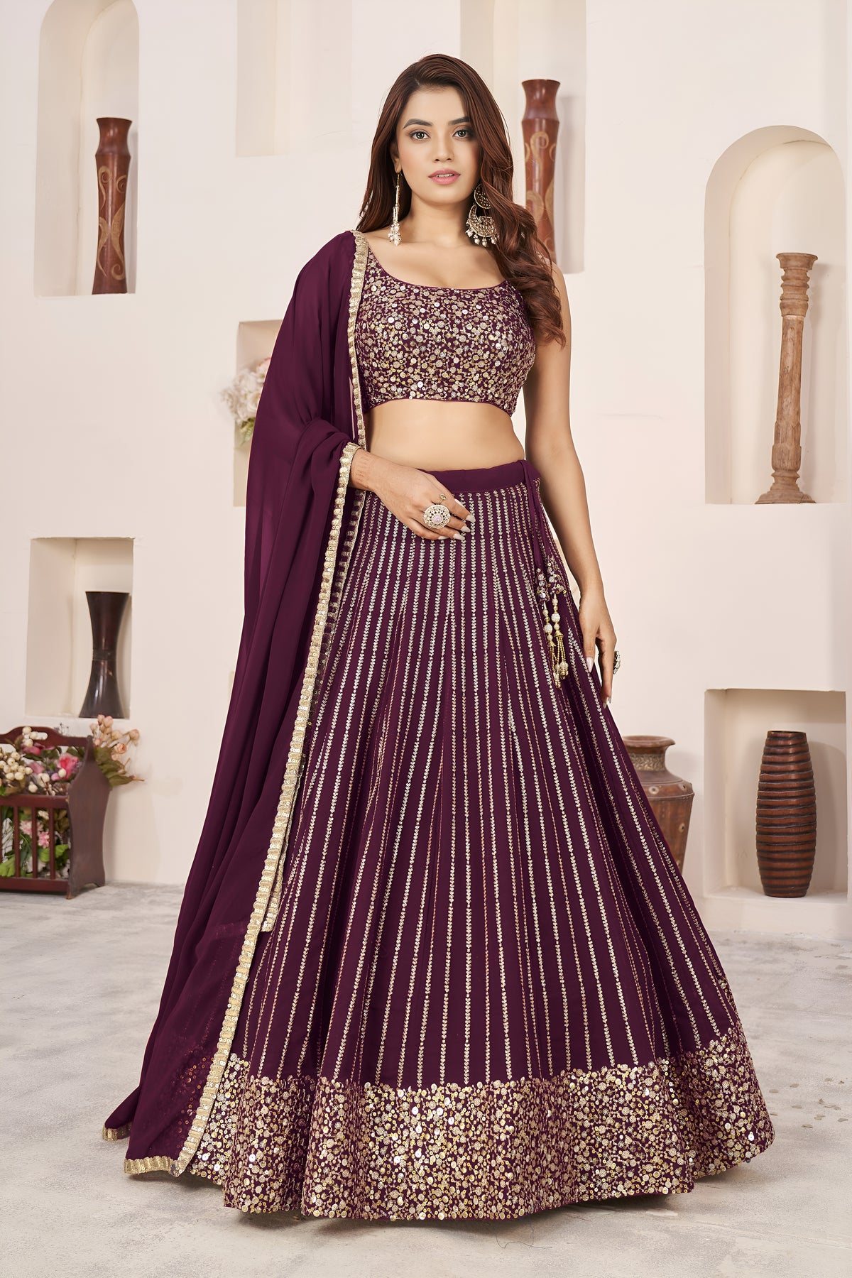 Wine Purple Lehenga Choli with Gold Sequin Work