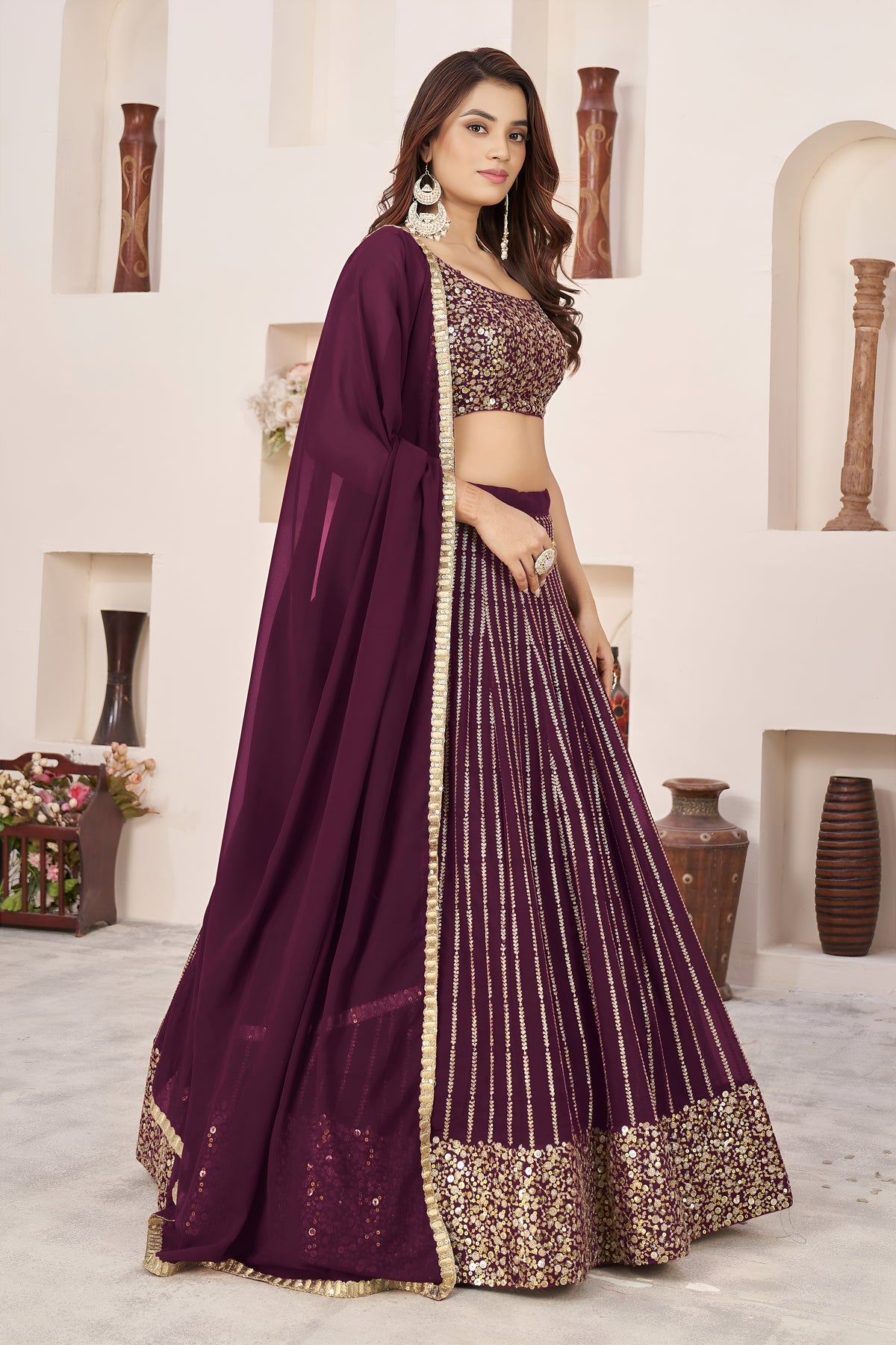 Wine Purple Lehenga Choli with Gold Sequin Work