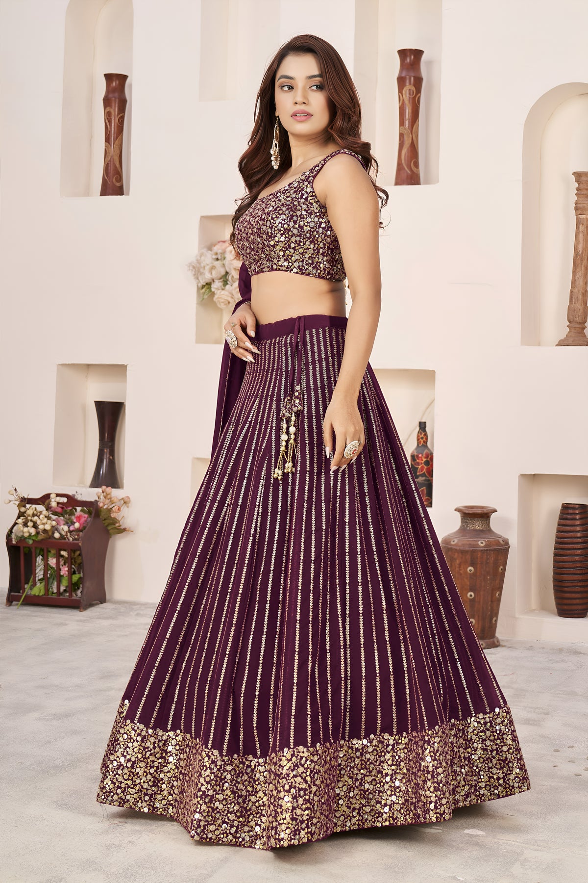 Wine Purple Lehenga Choli with Gold Sequin Work