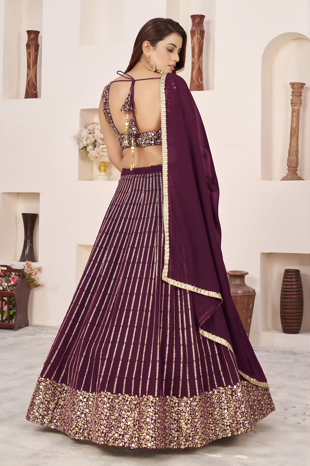 Wine Purple Lehenga Choli with Gold Sequin Work