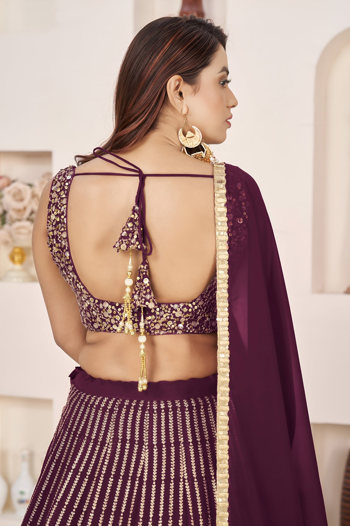 Wine Purple Lehenga Choli with Gold Sequin Work