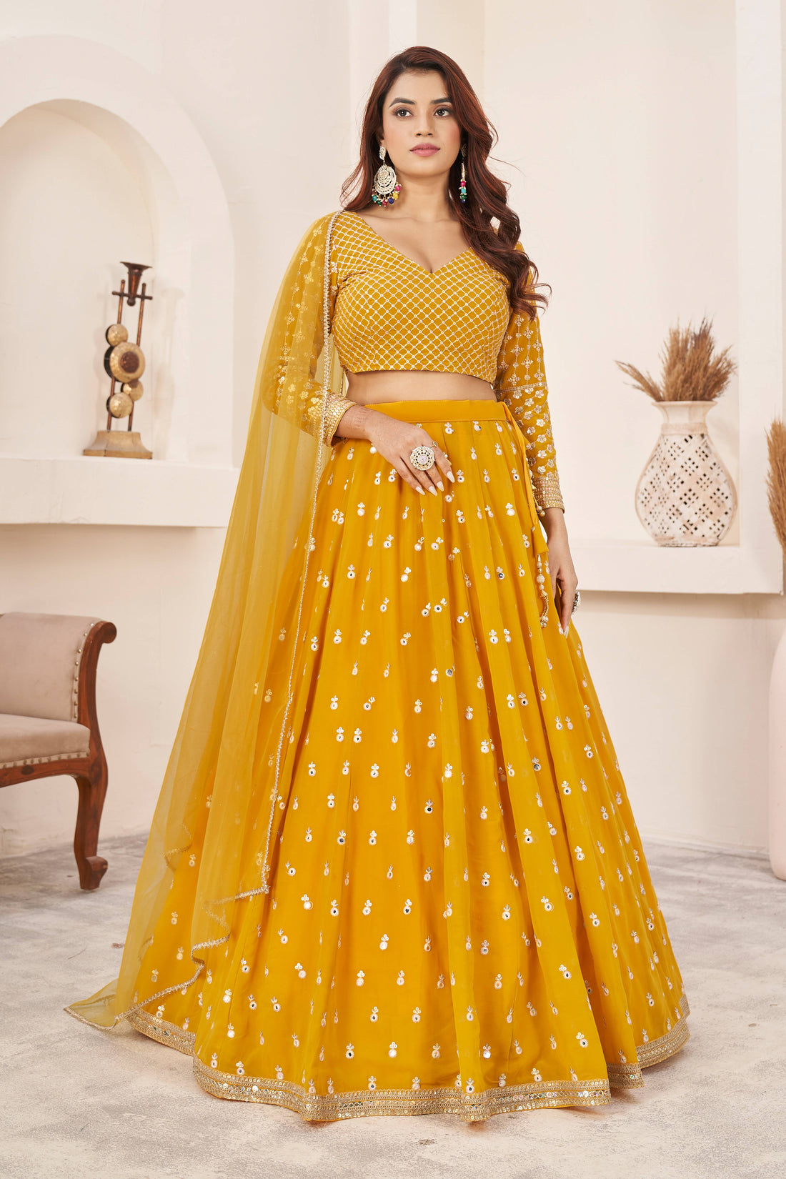 Mustard Yellow Embroidered Lehenga Choli with Dupatta