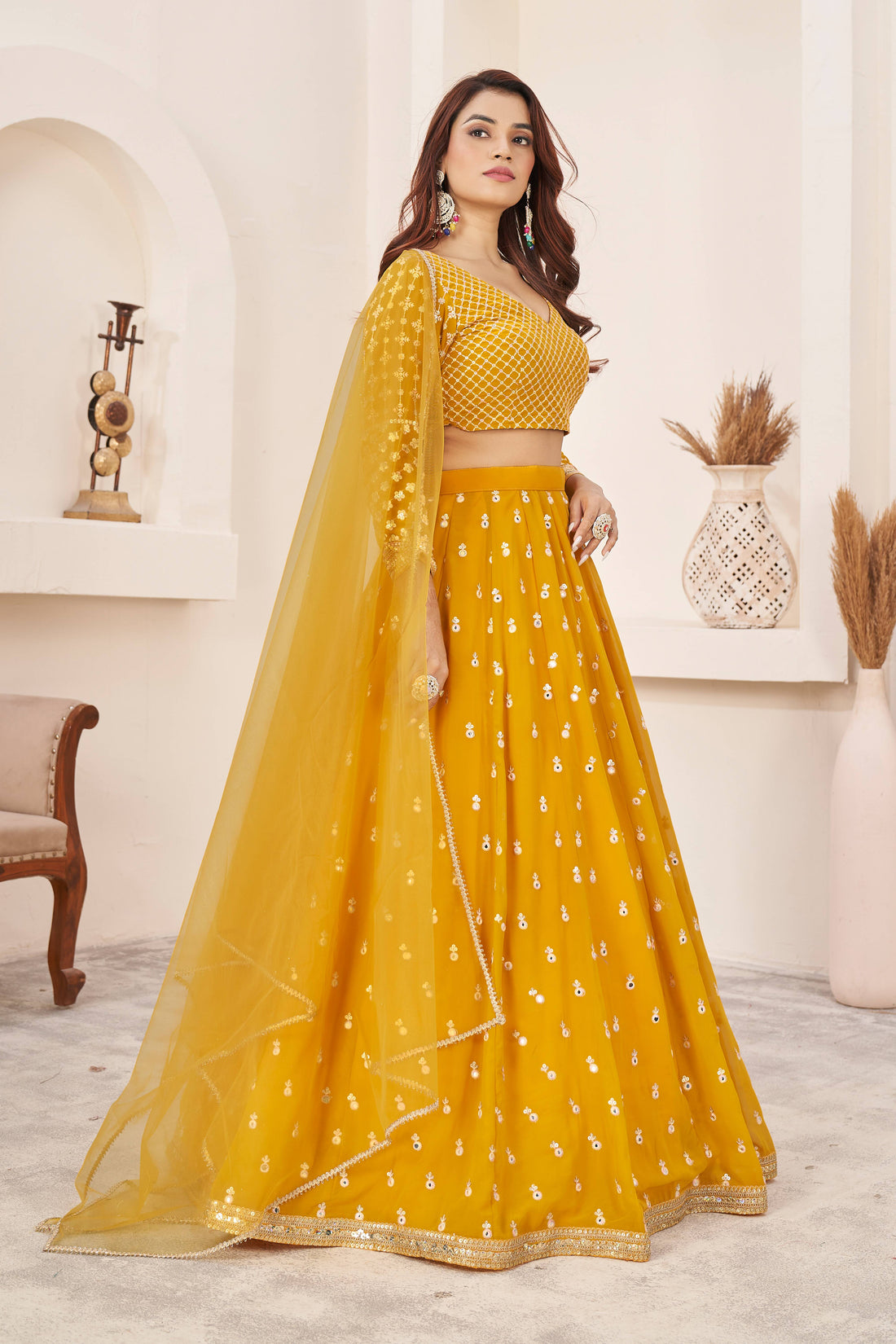 Mustard Yellow Embroidered Lehenga Choli with Dupatta