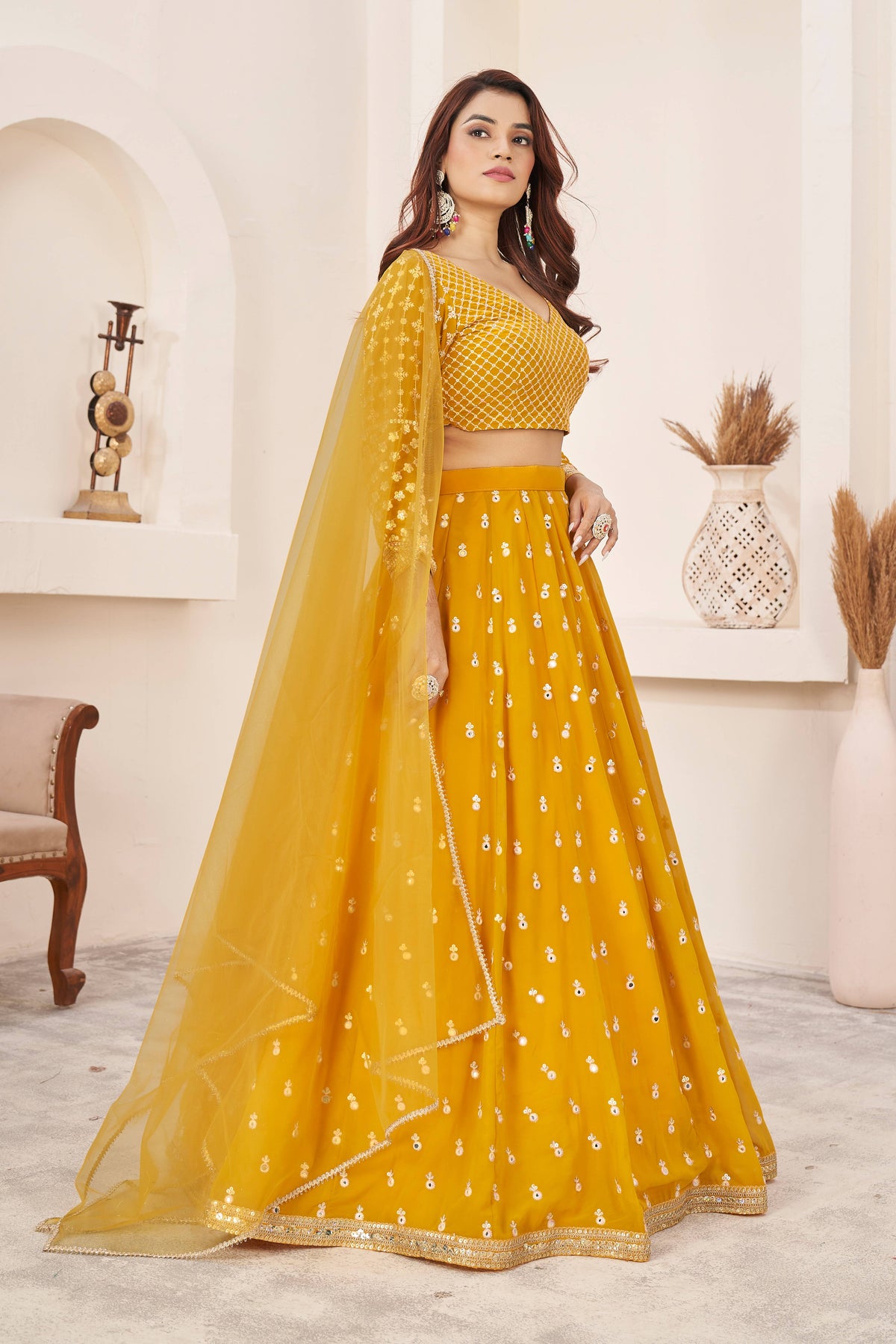 Mustard Yellow Embroidered Lehenga Choli with Dupatta