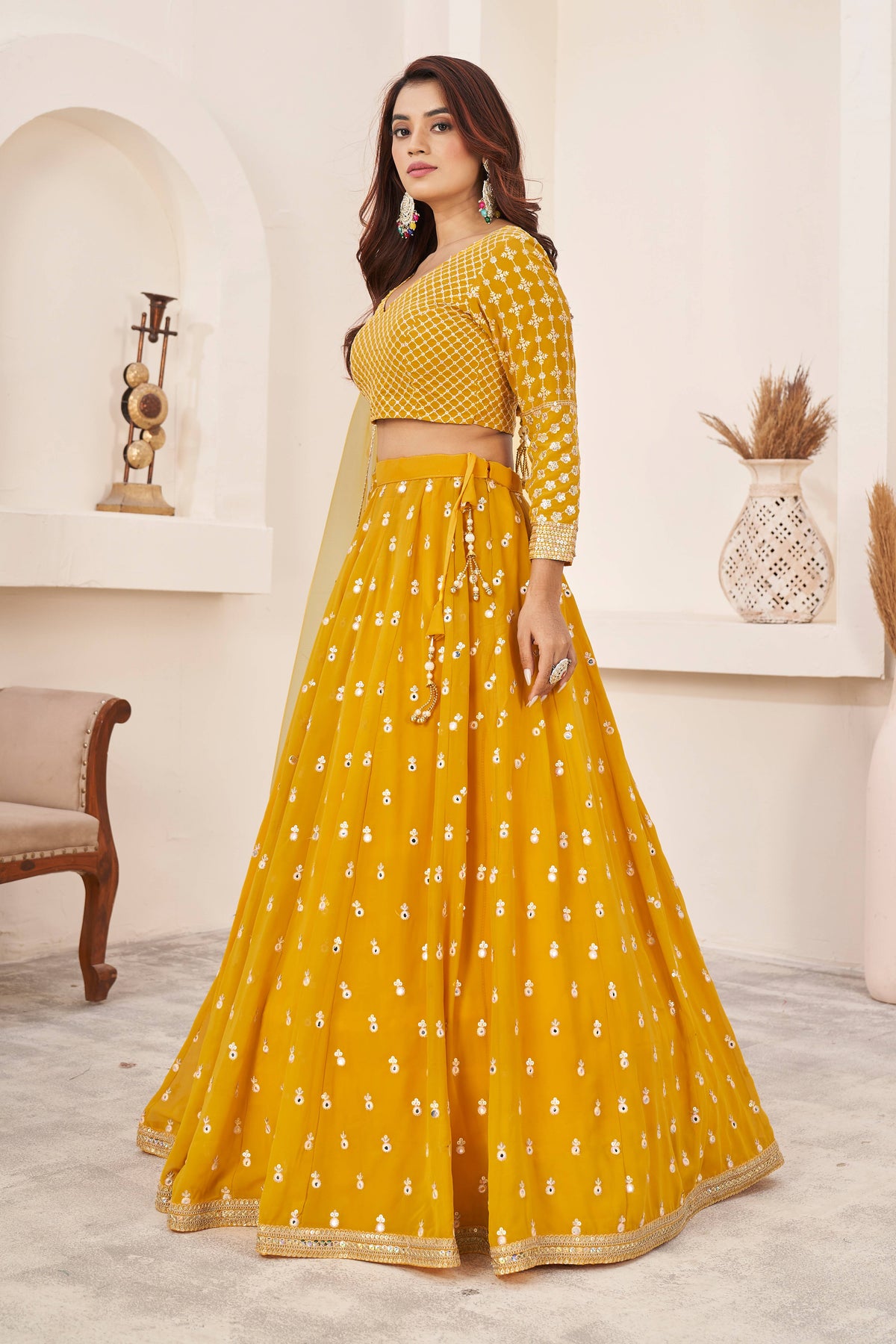 Mustard Yellow Embroidered Lehenga Choli with Dupatta