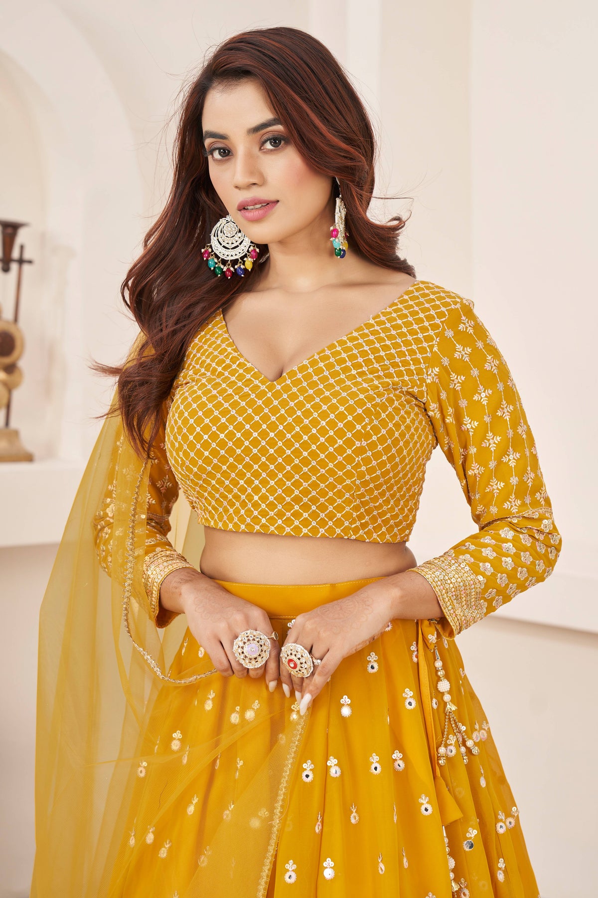 Mustard Yellow Embroidered Lehenga Choli with Dupatta