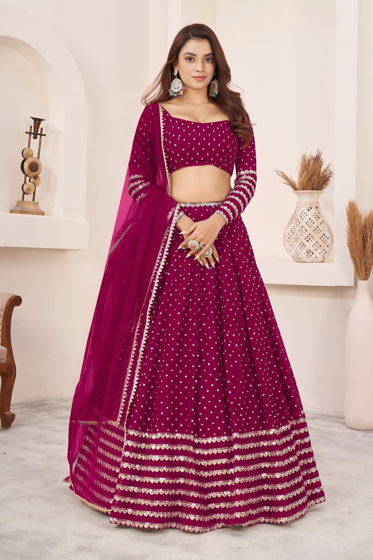 Rani Pink Lehenga Choli with Sequin Work & Designer Dupatta