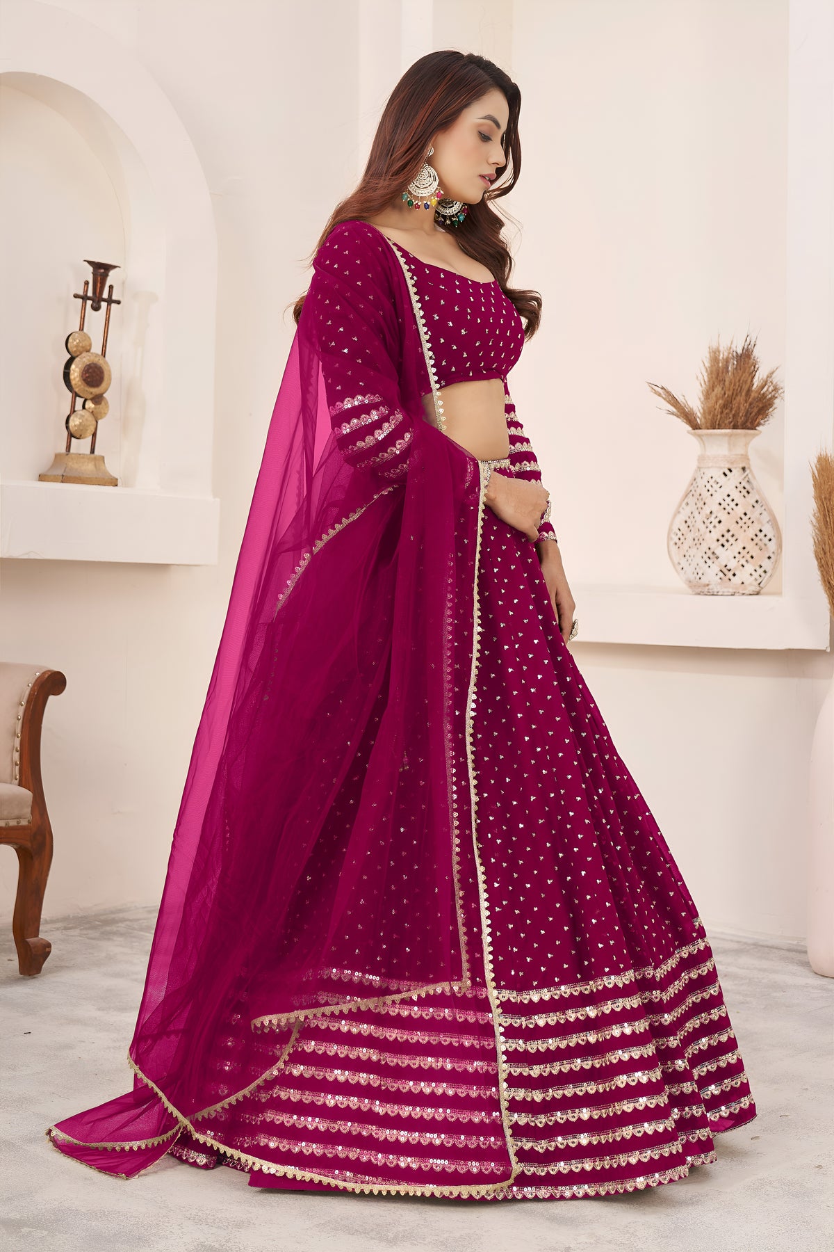 Rani Pink Lehenga Choli with Sequin Work & Designer Dupatta
