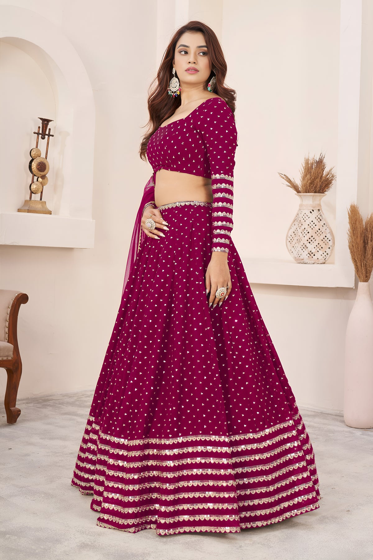 Rani Pink Lehenga Choli with Sequin Work & Designer Dupatta
